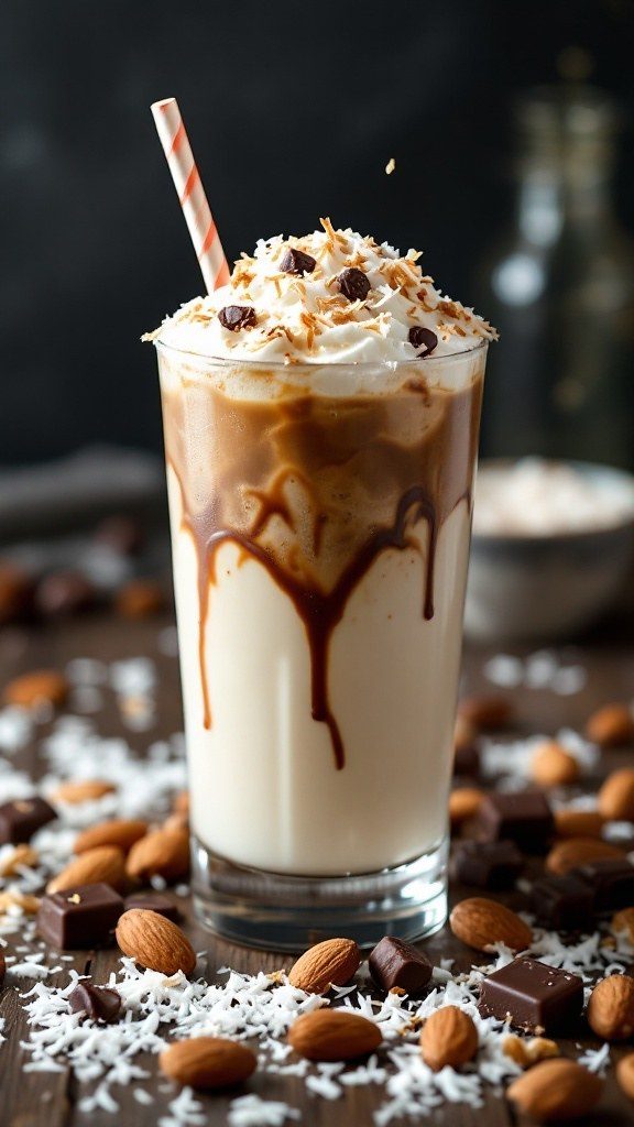 An iced latte in a tall glass with milk swirling through it