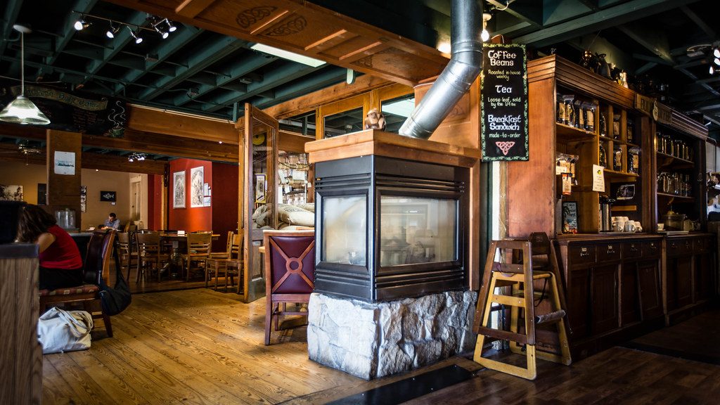 The counter and seating inside the shop